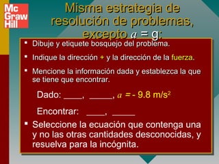 Misma estrategia de
        resolución de problemas,
              excepto a = g:
 Dibuje y etiquete bosquejo del problema.
 Indique la dirección + y la dirección de la fuerza.
 Mencione la información dada y establezca la que
  se tiene que encontrar.

   Dado: ____, _____, a = - 9.8 m/s2
   Encontrar: ____, _____
 Seleccione la ecuación que contenga una
  y no las otras cantidades desconocidas, y
  resuelva para la incógnita.
 