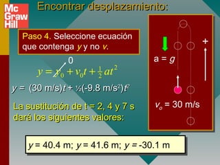Encontrar desplazamiento:

  Paso 4. Seleccione ecuación
  que contenga y y no v.                         +
              0                    a=g
      y = y0 + v0t + at
                      1
                      2
                          2


y = (30 m/s)t + ½(-9.8 m/s2)t2
La sustitución de t = 2, 4 y 7 s   vo = 30 m/s
dará los siguientes valores:


    y = 40.4 m; y = 41.6 m; y = -30.1 m
    y = 40.4 m; y = 41.6 m; y = -30.1 m
 