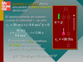 Ejemplo 7: (Cont.) Ahora
     encuentre la altura máxima
     alcanzada:
El desplazamiento es máximo                   +
cuando la velocidad vf es cero.
                                  a=g
v f = 30 m/s + (−9.8 m/s )t = 0
                         2


       30 m/s
   t=         2
                ; t = 3.06 s
      9.8 m/s
  Para encontrar ymax sustituya
                                  vo = +96 ft/s
  t = 3.06 s en la ecuación
  general del desplazamiento.

     y = (30 m/s)t + ½(-9.8 m/s2)t2
 