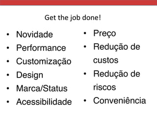 Get	
  the	
  job	
  done!	
  

•  Novidade!                 •  Preço!
•  Performance!              •  Redução de
•  Customização!                  custos!
•  Design!                   •  Redução de
•  Marca/Status!                  riscos !
•  Acessibilidade ! •  Conveniência !
 