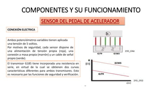 COMPONENTES Y SU FUNCIONAMIENTO
SENSOR DEL PEDAL DE ACELERADOR
El transmisor G185 tiene incorporada una resistencia en
serie, en virtud de la cual se obtienen dos curvas
características diferentes para ambos transmisores. Esto
es necesario par las funciones de seguridad y verificación.
CONEXIÓN ELECTRICA
Ambos potenciómetros variables tienen aplicada
una tensión de 5 voltios.
Por motivos de seguridad, cada sensor dispone de
una alimentación de tensión propia (roja), una
conexión a masa propia (marrón) y un cable de señal
propio (verde).
 