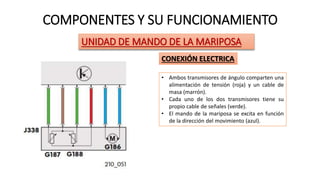 COMPONENTES Y SU FUNCIONAMIENTO
UNIDAD DE MANDO DE LA MARIPOSA
CONEXIÓN ELECTRICA
• Ambos transmisores de ángulo comparten una
alimentación de tensión (roja) y un cable de
masa (marrón).
• Cada uno de los dos transmisores tiene su
propio cable de señales (verde).
• El mando de la mariposa se excita en función
de la dirección del movimiento (azul).
 