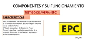 COMPONENTES Y SU FUNCIONAMIENTO
TESTIGO DE AVERÍA (EPC)
CARACTERISTICAS
Para el acelerador electrónico K132 se encuentra en
el cuadro de instrumentos. Es una lámpara amarilla
con el símbolo “EPC“.
EPC es la abreviatura de Electronic Power
Control y significa: regulación electrónica de la
potencia del motor, lo cual viene a ser nuestro
acelerador electrónico.
 