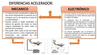 DIFERENCIAS ACELERADOR:
VS
• Con este sistema, la posición de la mariposa
es regulada por un motor eléctrico sobre todo
el margen de reglaje.
• El conductor pisa el acelerador a la
profundidad que corresponde con la potencia
que espera por parte del motor. La posición
del acelerador se detecta por medio de
transmisores y se retransmite a la unidad de
control del motor.
• Los deseos expresados por el conductor a
través del acelerador son transformados en la
unidad de control del motor en un ángulo
específico de la mariposa.
• El conductor pisa el acelerador y regula de
esa forma directamente la posición de la
mariposa, por la vía mecánica a través de
un cable Bowden .
• Estando pisado el pedal acelerador, el
sistema de gestión del motor no tiene
ninguna posibilidad de influir sobre la
posición de la mariposa.
• Para poder influir sobre el par del motor
tiene que recurrir a otras magnitudes de
servoacción, por ejemplo las del
encendido y la inyección.
MECANICO ELECTRÓNICO
 