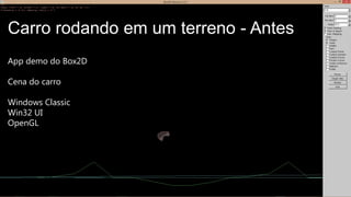 App demo do Box2D
Cena do carro
Windows Classic
Win32 UI
OpenGL
Carro rodando em um terreno - Antes
 