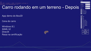 App demo do Box2D
Cena do carro
Windows 8.1
XAML UI
DirectX
Passa na certificação
Carro rodando em um terreno - Depois
 