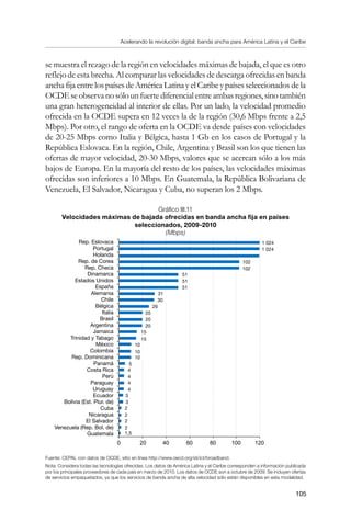 Acelerando la revolución digital: banda ancha para América Latina y el Caribe
105
se muestra el rezago de la región en velocidades máximas de bajada, el que es otro
reflejo de esta brecha. Al comparar las velocidades de descarga ofrecidas en banda
ancha fija entre los países de América Latina y el Caribe y países seleccionados de la
OCDEseobservanosólounfuertediferencialentreambasregiones,sinotambién
una gran heterogeneidad al interior de ellas. Por un lado, la velocidad promedio
ofrecida en la OCDE supera en 12 veces la de la región (30,6 Mbps frente a 2,5
Mbps). Por otro, el rango de oferta en la OCDE va desde países con velocidades
de 20-25 Mbps como Italia y Bélgica, hasta 1 Gb en los casos de Portugal y la
República Eslovaca. En la región, Chile, Argentina y Brasil son los que tienen las
ofertas de mayor velocidad, 20-30 Mbps, valores que se acercan sólo a los más
bajos de Europa. En la mayoría del resto de los países, las velocidades máximas
ofrecidas son inferiores a 10 Mbps. En Guatemala, la República Bolivariana de
Venezuela, El Salvador, Nicaragua y Cuba, no superan los 2 Mbps.
Gráfico III.11
Velocidades máximas de bajada ofrecidas en banda ancha fija en países
seleccionados, 2009-2010
(Mbps)
Fuente: CEPAL con datos de OCDE, sitio en línea http://www.oecd.org/sti/ict/broadband.
Nota: Considera todas las tecnologías ofrecidas. Los datos de América Latina y el Caribe corresponden a información publicada
por los principales proveedores de cada país en marzo de 2010. Los datos de OCDE son a octubre de 2009. Se incluyen ofertas
de servicios empaquetados, ya que los servicios de banda ancha de alta velocidad sólo están disponibles en esta modalidad.
Rep. Eslovaca
Portugal
Holanda
Rep. de Corea
Rep. Checa
Dinamarca
Estados Unidos
España
Alemania
Chile
Bélgica
Italia
Brasil
Argentina
Jamaica
Trinidad y Tabago
México
Colombia
Rep. Dominicana
Panamá
Costa Rica
Perú
Paraguay
Uruguay
Ecuador
Bolivia (Est. Plur. de)
Cuba
Nicaragua
El Salvador
Venezuela (Rep. Bol. de)
Guatemala
0 20 40 60 80 100 120
1,5
2
2
2
2
3
4
3
4
4
4
5
10
10
10
15
15
20
20
20
26
30
31
51
51
51
102
102
1 024
1 024
 
