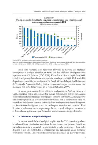 Acelerando la revolución digital: banda ancha para América Latina y el Caribe
113
Gráfico III.17
Precio promedio de netbooks en países seleccionados y su relación con el
ingreso per cápita anual, mayo de 2010
(Dólares y porcentajes)
Fuente: CEPAL con base en información de los proveedores.
Nota: Los valores corresponden al precio promedio de al menos tres marcas reconocidas en el mercado para netbooks nuevos
considerando al menos 160 GB, 1GB RAM, procesador Atom N270, 1,6 Ghz y pantalla de 10.1”.
En lo que respecta a los teléfonos móviles, la mayoría del mercado
corresponde a equipos sensillos, en tanto que los teléfonos inteligentes sólo
representan un 6% del total (IDC, 2010). Ese valor, si bien se duplicó en 2009,
es inferior al promedio del mercado mundial, en el que, en 2008, 12 de cada 100
dispositivos eran teléfonos inteligentes. En Brasil, México, la República Bolivariana
de Venezuela, Argentina, Chile y Perú se concentra el mayor crecimiento de este
mercado, con 90% de las ventas en la región (Salvador, 2009).
La menor penetración de los teléfonos inteligentes en América Latina y el
Caribe se explica por su alto costo, sobre todo en comparación con los netbooks, que
ofreciendomásfuncionalidades,tienenpreciossimilaresoinferiores.Aunasí,seprevé
una fuerte expansión de esos dispositivos impulsada por la competencia entre los
operadores móviles que ven en el tráfico de datos una importante fuente de ingresos
y a los teléfonos inteligentes como un medio para incentivar ese consumo. Esto
llevaría a una disminución de su precio, quedando como desafío para este mercado
el desarrollo de aplicaciones que demanden intensivamente este tipo de tráfico.
2.	 La brecha de apropiación digital
La superación de la brecha digital implica que las TIC estén integradas a
la vida cotidiana, poniéndose énfasis en las actividades que generan beneficios
para el conjunto de la sociedad. En este sentido, se debe promover el desarrollo,
difusión y uso de contenidos y aplicaciones que repercutan en el bienestar
económico y social. Las actividades que son consideradas de mayor relevancia
Ecuador
Perú
Rep.Bol.de
Venezuela
Brasil
C
olom
bia
C
osta
Rica
Panam
áU
ruguay
C
hile
España
M
éxico
Reino
U
nido
Estados
U
nidosFrancia
Argentina
Rep.Dom
inicana
800
700
600
500
400
300
200
100
0
Dólares
Porcentajes
10
9
8
7
6
5
4
3
2
1
0
Porcentajes del PIB Valores en dólares
 