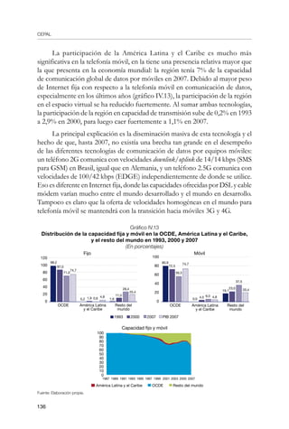 CEPAL
136
La participación de la América Latina y el Caribe es mucho más
significativa en la telefonía móvil, en la tiene una presencia relativa mayor que
la que presenta en la economía mundial: la región tenía 7% de la capacidad
de comunicación global de datos por móviles en 2007. Debido al mayor peso
de Internet fija con respecto a la telefonía móvil en comunicación de datos,
especialmente en los últimos años (gráfico IV.13), la participación de la región
en el espacio virtual se ha reducido fuertemente. Al sumar ambas tecnologías,
la participación de la región en capacidad de transmisión sube de 0,2% en 1993
a 2,9% en 2000, para luego caer fuertemente a 1,1% en 2007.
La principal explicación es la diseminación masiva de esta tecnología y el
hecho de que, hasta 2007, no existía una brecha tan grande en el desempeño
de las diferentes tecnologías de comunicación de datos por equipos móviles:
un teléfono 2G comunica con velocidades downlink/uplink de 14/14 kbps (SMS
para GSM) en Brasil, igual que en Alemania, y un teléfono 2.5G comunica con
velocidades de 100/42 kbps (EDGE) independientemente de donde se utilice.
Eso es diferente en Internet fija, donde las capacidades ofrecidas por DSL y cable
módem varían mucho entre el mundo desarrollado y el mundo en desarrollo.
Tampoco es claro que la oferta de velocidades homogéneas en el mundo para
telefonía móvil se mantendrá con la transición hacia móviles 3G y 4G.
Gráfico IV.13
Distribución de la capacidad fija y móvil en la OCDE, América Latina y el Caribe,
y el resto del mundo en 1993, 2000 y 2007
(En porcentajes)
Fuente: Elaboración propia.
1993 2000 2007 PIB 2007
Fijo Móvil
OCDE América Latina
y el Caribe
Resto del
mundo
100
80
60
40
20
0
80,9
72,5
56,5
74,7
0,0
4,5 6,0 4,8
19,1
23,0
37,5
20,4
OCDE América Latina
y el Caribe
Resto del
mundo
120
100
80
60
40
20
0
98,2
87,0
71,0
74,7
0,2 1,9 0,6 4,8
1,6
11,0
28,4
20,4
Capacidad fijo y móvil
100
90
80
70
60
50
40
30
20
10
0
1987 1989 1991 1993 1995 1997 1999 2001 2003 2005 2007
América Latina y el Caribe OCDE Resto del mundo
 