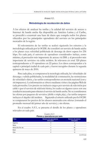 Acelerando la revolución digital: banda ancha para América Latina y el Caribe
177
Anexo V.1.
Metodología de recolección de datos
A los efectos de analizar las tarifas y la calidad del servicio de acceso a
Internet de banda ancha fija disponible en América Latina y el Caribe,
se procedió a construir una base de datos que compila todos los planes
ofrecidos por los principales operadores del servicio en los principales
mercados de la región.
El relevamiento de las tarifas se realizó siguiendo los criterios y la
metodología utilizada por la OCDE. Se consideró un servicio de banda ancha
a los planes cuya velocidad publicitada de descarga de datos supera los 256
kbps. En cada país, el universo de operadores considerados incluye, como
mínimo, al proveedor más importante de acceso vía DSL y al proveedor más
importante de servicios vía cable módem. Se relevaron en total 320 planes
correspondientes a 53 operadores en 22 países. Los datos corresponden a la
capital o principal ciudad de cada país y fueron recogidos durante la segunda
quincena de mayo de 2010.
Para cada plan, se computaron la tecnología utilizada, las velocidades de
descarga y subida publicitadas, la modalidad de contratación, las restricciones
de velocidad o datos, y las tarifas correspondientes en moneda nacional (con y
sin impuestos). La información se obtuvo mediante visitas a las páginas Web de
cada proveedor. Los precios no incluyen cargos por servicio de televisión por
cable o por el servicio de telefonía básica, los cuales en algunos casos son una
condición necesaria para obtener el servicio de banda ancha. No se consideraron
las ofertas por paquetes de servicios (doble o triple play), y las tarifas tampoco
incluyen el alquiler del módem. 	 Siguiendo el criterio utilizado por la OCDE
se computaron los precios de los abonos mensuales con ofertas (tomando el
promedio mensual del primer año de servicio) y sin ofertas.
En el cuadro A.V.1, se presenta el detalle de los planes y operadores
relevados en cada país.
Cuadro A.V.1
Planes y operadores por país
País Número de operadores
relevados
Número de planes
relevados
Argentina 3 17
Belice 1 3
Bolivia (Est. Plur. de) 4 40
Brasil 3 19
Chile 3 12
(continúa)
 