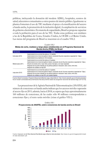 CEPAL
224
públicas, incluyendo la donación del modem ADSL), hospitales, centros de
salud, telecentros comunitarios u otros puntos de interés público. Igualmente se
plantea fomentar el uso de TIC mediante el apoyo a la masificación del acceso
a banda ancha, la promoción de la inclusión digital y la ampliación de servicios
de gobierno electrónico. En materia de capacidades, Brasil se propone capacitar
a toda la población para el uso de las TIC. Todas estas políticas son similares
a las de la República de Corea, Estados Unidos, la OCDE o el Reino Unido.
Las metas del programa de Brasil se muestran en el cuadro VII.2.
Cuadro VII.2
Metas de corto, mediano y largo plazo establecidas en el Programa Nacional de
Banda Ancha (PNBL) de Brasil
Horizonte Metas
Corto plazo (2010)
Implementación de una red de fibra óptica en 16 capitales.
Implementación de la intranet del gobierno federal, conectando 96 puntos corporativos (capacidad de 1 Gbps.)
Implementación de un backhaul en 100 municipios.
Mediano plazo (2011)
Implementación de una red de fibra óptica en 8 capitales.
Implementación de la intranet del gobierno federal, conectando más de 48 puntos corporativos (capacidad de 1 Gbps.).
Difusión de la banda ancha: mayor oferta, precios más bajos y una mayor capacidad.
Integración de los puntos indicados por las políticas públicas en educación, salud, cultura, entre otros.
Integración de ciudades con bajo IDH.
Largo plazo (2013)
Implementación de una red de fibra óptica en 3 capitales.
Implementación de la intranet del gobierno federal, conectando más de 18 puntos corporativos (capacidad de 1 Gbps.)
Integración de los puntos indicados por las políticas públicas en educación, salud, cultura, entre otros.
Integración de ciudades con bajo IDH y de ciudades digitales.
Fuente: Brasil Conectado. Programa Nacional de Banda Larga, disponible en: http://www4.planalto.gov.br/brasilconectado/
forum-brasil-conectado/documentos/3o-fbc/documento-base-do-programa-nacional-de-banda-larga (07/12/10).
LasproyeccionesdelaAgênciaNacionaldeTelecomunicações(ANATEL)del
número de conexiones en banda ancha indican que los accesos móviles superarán
al acceso fijo en 2011; además, hacia el 2018, se espera que haya aproximadamente
160 millones de conexiones, de las cuales sólo 40 millones corresponderían a
conexiones fijas y el resto serán móviles (véase el gráfico VII.1).
Gráfico VII.1
Proyecciones de ANATEL sobre conexiones de banda ancha en Brasil
Fuente: Adaptado de Um Plano Nacional Para Banda Larga o Brasil em alta velocidade, http://www.mc.gov.br/images/pnbl/o-brasil-
em-alta-velocidade1.pdf.	
180
160
140
120
100
80
60
40
20
0
2008 2009 2010 2011 2012 2013 2014 2015 2016 2017 2018
(Millones)
Móvil Fija
 