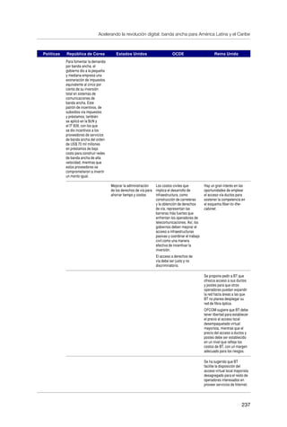 Acelerando la revolución digital: banda ancha para América Latina y el Caribe
237
Políticas República de Corea Estados Unidos OCDE Reino Unido
Para fomentar la demanda
por banda ancha, el
gobierno dio a la pequeña
y mediana empresa una
exoneración de impuestos
equivalente al cinco por
ciento de su inversión
total en sistemas de
comunicaciones de
banda ancha. Este
patrón de incentivos, de
subsidios vía impuestos
y préstamos, también
se aplicó en la BcN y
el IT 839, con los que
se dio incentivos a los
proveedores de servicios
de banda ancha del orden
de US$ 70 mil millones
en préstamos de bajo
costo para construir redes
de banda ancha de alta
velocidad, mientras que
estos proveedores se
comprometieron a invertir
un monto igual.
Mejorar la administración
de los derechos de vía para
ahorrar tiempo y costos
Los costos civiles que
implica el desarrollo de
infraestructura, como
construcción de carreteras
y la obtención de derechos
de vía, representan las
barreras más fuertes que
enfrentan los operadores de
telecomunicaciones. Así, los
gobiernos deben mejorar el
acceso a infraestructuras
pasivas y coordinar el trabajo
civil como una manera
efectiva de incentivar la
inversión.
El acceso a derechos de
vía debe ser justo y no
discriminatorio.
Hay un gran interés en las
oportunidades de emplear
el acceso vía ductos para
sostener la competencia en
el esquema fiber-to-the-
cabinet.
Se propone pedir a BT que
ofrezca acceso a sus ductos
y postes para que otros
operadores puedan expandir
la red hacia áreas a las que
BT no planea desplegar su
red de fibra óptica.
OFCOM sugiere que BT debe
tener libertad para establecer
el precio al acceso local
desempaquetado virtual
mayorista, mientras que el
precio del acceso a ductos y
postes debe ser establecido
en un nivel que refleje los
costos de BT, con un margen
adecuado para los riesgos.
Se ha sugerido que BT
facilite la disposición del
acceso virtual local mayorista
desagregado para el resto de
operadores interesados en
proveer servicios de Internet.
 