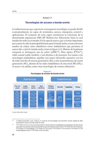 CEPAL
36
Anexo I.1
Tecnologías de acceso a banda ancha
La infraestructura que soporta la convergencia tecnológica se puede dividir
conceptualmente en capas de terminales, acceso, transporte, control y
aplicaciones. El conjunto de estas capas constituyen la estructura de la
denominada arquitectura IMS (IP Multiservice Subsystem) hacia la cual
tienden las redes en el mundo. En la capa de acceso, que es la más importante
por cuanto ha sido la principal limitante para la banda ancha, existen diversos
medios de enlace tanto alámbricos como inalámbricos que permiten el
acceso fijo o móvil a banda ancha (véase la figura A.1). Dentro de la primera
categoría se distinguen: par de cobre (xDSL24
), fibra óptica (FTTx25
),
cable coaxial (cable módem) y red eléctrica o de potencia. En cuanto a las
tecnologías inalámbricas, aquellas con mayor desarrollo operativo son las
de redes móviles de tercera generación (3G) y, más recientemente, de cuarta
generación (4G), además de las redes inalámbricas de área local (WLAN) y
el acceso vía satélite, entre otras tecnologías de común utilización.
Figura A.1
Tecnologías de acceso de banda ancha
Fuente: Elaboración propia.
24	
X Digital Subscriber Loop. Incluye un conjunto de tecnologías que permiten acceso digital de altas
velocidades usando el bucle local de cobre.
25	
FTTx (Fiber to the x). Forma de denominación de las distintas posibilidades de despliegue de fibra óptica
que varían de acuerdo al alcance de la fibra y la proximidad al usuario final: FTTE (Fiber To The Enclosure),
FTTB (Fiber To The Building), FTTC (Fiber To The Curb), FTTH (Fiber To The Home), FTTN (Fiber To The
Node/Neighborhood), FTTP (Fiber to the Premise).
Par de
cobre
Cable
módem
Fibra
óptica
Red
eléctrica
Redes
móviles WLAN Satélite Otras
 