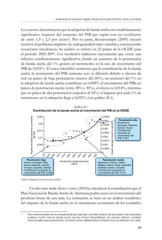 Acelerando la revolución digital: banda ancha para América Latina y el Caribe
53
Los autores determinaron que la adopción de banda ancha era estadísticamente
significativa respecto del aumento del PIB per capita con un coeficiente
de entre 1,9 y 2,5 por ciento
. Por su parte, Koutroumpis (2009) intentó
resolver el problema implícito de endogeneidad entre variables, construyendo
ecuaciones simultáneas. Su análisis se enfocó en 22 países de la OCDE para
el período 2002-2007. Los resultados indicaron nuevamente que existe una
relación estadísticamente significativa, donde un aumento de la penetración
de banda ancha del 1% genera un incremento en la tasa de crecimiento del
PIB de 0,025%. El autor identificó asimismo que la contribución de la banda
ancha al crecimiento del PIB aumenta con su difusión debido a efectos de
red: en países de baja penetración (menos del 20%), un aumento del 1% en
la adopción de banda ancha contribuye en 0,008% al crecimiento del PIB; en
países de penetración media (entre 20% y 30%), el efecto es 0,014%, mientras
que en países de alta penetración (superior al 30%) el impacto por cada 1% de
incremento en la adopción llega a 0,023% (ver gráfico II.1).
Gráfico II.1.
Contribución de la banda ancha al crecimiento del PIB en la OCDE
Fuente: Adaptado de Koutroumpis (2009).
Un año más tarde, Katz y otros (2010a) calcularon la contribución que el
Plan Nacional de Banda Ancha de Alemania podría tener en el crecimiento del
producto bruto de este país. La estimación se basó en un análisis estadístico
del impacto de la banda ancha en el crecimiento económico de los condados
	
Para resolver problemas de endogeneidad (por ejemplo, controlar el efecto de que países más avanzados
pudieran invertir más en banda ancha que los menos desarrollados), los autores utilizaron variables
instrumentales para la penetración de banda ancha: teledensidad e infraestructura de televisión por cable.
Penetración alta
- Dinamarca,
	 Noruega, Holanda,
Suecia, Suiza
- Contribución
	 promedio al
	 crecimiento del
	 PIB: 0,023
Penetración media
- Alemania, Francia, Japón,
Bélgica, Reino Unido, Australia,
Estados Unidos, Canada
- Contribución promedio al
crecimiento del PIB: 0,014
Penetración baja
- Grecia, Portugal, Italia,
Nueva Zelanda, Austria,
Hungría, España, Irlanda
- Contribución promedio al
crecimiento del PIB: 0,008
Penetración de Banda Ancha
(2007)
Impactodebandaanchaalcrecimiento
delPIB
Clusteraverageimpactongrowth
0,025
0,02
0,015
0,01
0,005
0
0,0045
0,004
0,0035
0,003
0,0025
0,002
0,0015
0,001
0,0005
0
7%
14%
16%
17%
21%
22%
22%
24%
25%
30%
33%
 