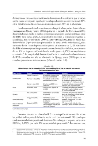 Acelerando la revolución digital: banda ancha para América Latina y el Caribe
55
de función de producción e ineficiencia, los autores determinaron que la banda
ancha ejerce un impacto significativo en la producción: un incremento de 10%
en la penetración está asociado con un aumento del 3,6% en la eficiencia.
En el único análisis de muestra cruzada que incluye países desarrollados
y emergentes, Qiang y otros (2009) aplicaron el modelo de Waverman (2005)
desarrollado para medir el cambio tecnológico endógeno a series históricas entre
del PIB y de la banda ancha. Los resultados muestran la tendencia opuesta a la
identificada por Koutroumpis (2009) y Katz y otros (2010a). Para los países más
desarrollados (y por ende con penetración de banda ancha más elevada), cada
aumento de un 1% en la penetración genera un aumento de 0,121 por ciento
del PIB, mientras que en los países de desarrollo medio e inferior, un aumento
de un 1% en la penetración de banda ancha genera 0,138% en crecimiento
económico
. La magnitud de la contribución de la banda ancha al crecimiento
del PIB es mucho más alta en el estudio de Qiang y otros (2009) que en los
estudios presentados anteriormente (véase el cuadro II.2).
Cuadro II.2.
Resultados de la investigación sobre el impacto de la banda ancha en
el crecimiento del PIB
País/Región Estudio Datos Impacto
Estados Unidos
Crandall y otros(2007) 48 estados de Estados Unidos
para el período 2003-2005
No genera resultados significativos desde
el punto de vista estadístico
Thompson y otros (2008) 46 estados de Estados Unidos
para el período 2001-2005
Un aumento del 10% en la penetración
de banda ancha está asociado con un
incremento de 3,6% en la tasa de eficiencia
OCDE
Czernich y otros (2009) 25 países de la OCDE entre
1996 y 2007
La adopción de banda ancha eleva el PIB
per capita entre 1,9 y 2,5 por ciento
Koutroumpis (2009) 2002-2007 para 22 países de
la OCDE
Un aumento de la penetración de banda
ancha de 10% genera 0,25% de aumento
en el crecimiento del PIB
Alemania
Katz y otros (2010a) 2000-2006 para 424 condados
de Alemania
Un aumento de la penetración de banda
ancha del 10% genera 0,255% de aumento
en el crecimiento del PIB
Países desarrollados
Qiang y otros (2009) 1980-2002 para países
desarrollados en una muestra
de 120 países
10% de penetración de banda ancha
genera un aumento de un 1,21% en el
crecimiento del PIB
Países de desarrollo
medio y bajo
Qiang y otros (2009) 1980-2002 para países restantes
(desarrollo medio y bajo) en una
muestra de 120 países
10% de penetración de banda ancha
contribuye 1,38% al crecimiento económico
Fuente: Elaboración propia.
Como se muestra en el cuadro II.2, con excepción de un estudio, todos
los análisis del impacto de la banda ancha en el crecimiento del PIB concluyen
en demostrar el efecto positivo de la misma. Sin embargo, el impacto varía entre
0,025% y 0,138% por cada 1% incremental de penetración
. Las razones que
	
El coeficiente asociado a países de desarrollo medio e inferior no resultó estadísticamente significativo.
	
Si se asume que un aumento de 1% en productividad o eficiencia conlleva un aumento de 1% del PIB,
el efecto total sobre el PIB podría ser de 3,6% (Thompson y otros, 2008).
 