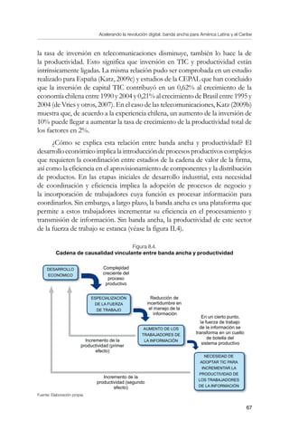 Acelerando la revolución digital: banda ancha para América Latina y el Caribe
67
la tasa de inversión en telecomunicaciones disminuye, también lo hace la de
la productividad. Esto significa que inversión en TIC y productividad están
intrínsicamente ligadas. La misma relación pudo ser comprobada en un estudio
realizado para España (Katz, 2009c) y estudios de la CEPAL que han concluido
que la inversión de capital TIC contribuyó en un 0,62% al crecimiento de la
economía chilena entre 1990 y 2004 y 0,21% al crecimiento de Brasil entre 1995 y
2004 (de Vries y otros, 2007). En el caso de las telecomunicaciones, Katz (2009b)
muestra que, de acuerdo a la experiencia chilena, un aumento de la inversión de
10% puede llegar a aumentar la tasa de crecimiento de la productividad total de
los factores en 2%.
¿Cómo se explica esta relación entre banda ancha y productividad? El
desarrollo económico implica la introducción de procesos productivos complejos
que requieren la coordinación entre estadios de la cadena de valor de la firma,
así como la eficiencia en el aprovisionamiento de componentes y la distribución
de productos. En las etapas iniciales de desarrollo industrial, esta necesidad
de coordinación y eficiencia implica la adopción de procesos de negocio y
la incorporación de trabajadores cuya función es procesar información para
coordinarlos. Sin embargo, a largo plazo, la banda ancha es una plataforma que
permite a estos trabajadores incrementar su eficiencia en el procesamiento y
transmisión de información. Sin banda ancha, la productividad de este sector
de la fuerza de trabajo se estanca (véase la figura II.4).
Figura II.4.
Cadena de causalidad vinculante entre banda ancha y productividad
Fuente: Elaboración propia.
NECESIDAD DE
ADOPTAR TIC PARA
INCREMENTAR LA
PRODUCTIVIDAD DE
LOS TRABAJADORES
DE LA INFORMACIÓN
DESARROLLO
ECONÓMICO
ESPECIALIZACIÓN
DE LA FUERZA
DE TRABAJO
AUMENTO DE LOS
TRABAJADORES DE
LA INFORMACIÓN
Complejidad
creciente del
proceso
productivo
Reducción de
incertidumbre en
el manejo de la
información
En un cierto punto,
la fuerza de trabajo
de la información se
transforma en un cuello
de botella del
sistema productivo
Incremento de la
productividad (primer
efecto)
Incremento de la
productividad (segundo
efecto)
 