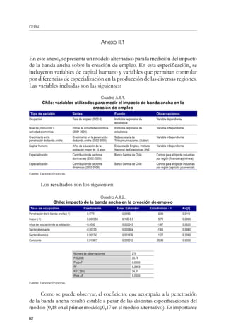 CEPAL
82
Anexo II.1
En este anexo, se presenta un modelo alternativo para la medición del impacto
de la banda ancha sobre la creación de empleo. En esta especificación, se
incluyeron variables de capital humano y variables que permitan controlar
por diferencias de especialización en la producción de las diversas regiones.
Las variables incluidas son las siguientes:
Cuadro A.II.1.
Chile: variables utilizadas para medir el impacto de banda ancha en la
creación de empleo
Tipo de variable Series Fuente Observaciones
Ocupación Tasa de empleo (2002-9) Institutos regionales de
estadística
Variable dependiente
Nivel de producción o
actividad económica
Índice de actividad económica
(2001-2009)
Institutos regionales de
estadística
Variable independiente
Crecimiento en la
penetración de banda ancha
Crecimiento en la penetración
de banda ancha (2002-2009)
Subsecretaría de
Telecomunicaciones (Subtel)
Variable independiente
Capital humano Años de educación de la
población mayor de 15 años
Encuesta de Empleo, Instituto
Nacional de Estadísticas (INE)
Variable independiente
Especialización Contribución de sectores
dominantes (2002-2009)
Banco Central de Chile Control para el tipo de industrias
por región (financiera y minera)
Especialización Contribución de sectores
dinámicos (2002-2009)
Banco Central de Chile Control para el tipo de industrias
por región (agrícola y comercial)
Fuente: Elaboración propia.
Los resultados son los siguientes:
Cuadro A.II.2.
Chile: impacto de la banda ancha en la creación de empleo
Tasa de ocupación Coeficiente Error Estándar Estadístico – t P[t]
Penetración de la banda ancha (-1) 0,1774 0,0693 2,56 0,0110
Inacer (-1) 0,000353 6,16E-0.5 5,72 0,0000
Años de educación de la población -0,0042 0,002243 -1,87 0,0620
Sector dominante -0,00133 0,000804 -1,66 0,0980
Sector dinámico 0,001743 0,001376 1,27 0,2060
Constante 0,913817 0,035212 25,95 0.0000
Número de observaciones 276
F(5,259) 20,78
ProbF 0,0000
R2
0,2863
F(11,259) 24,41
Prob F 0,0000
Fuente: Elaboración propia.
Como se puede observar, el coeficiente que acompaña a la penetración
de la banda ancha resultó estable a pesar de las distintas especificaciones del
modelo (0,18 en el primer modelo; 0,17 en el modelo alternativo). Es importante
 