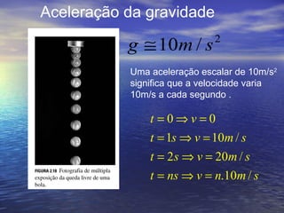 Uma aceleração escalar de 10m/s 2  significa que a velocidade varia 10m/s a cada segundo . Aceleração da gravidade  