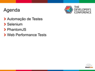 Globalcode – Open4education
Agenda
Automação de Testes
Selenium
PhantomJS
Web Performance Tests
 