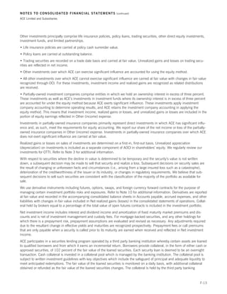 NOTES TO CONSOLIDATED FINANCIAL STATEMENTS                          (continued)

ACE Limited and Subsidiaries




Other investments principally comprise life insurance policies, policy loans, trading securities, other direct equity investments,
investment funds, and limited partnerships.
• Life insurance policies are carried at policy cash surrender value.
• Policy loans are carried at outstanding balance.
• Trading securities are recorded on a trade date basis and carried at fair value. Unrealized gains and losses on trading secu-
rities are reflected in net income.
• Other investments over which ACE can exercise significant influence are accounted for using the equity method.
• All other investments over which ACE cannot exercise significant influence are carried at fair value with changes in fair value
recognized through OCI. For these investments, investment income and realized gains are recognized as related distributions
are received.
• Partially-owned investment companies comprise entities in which we hold an ownership interest in excess of three percent.
These investments as well as ACE’s investments in investment funds where its ownership interest is in excess of three percent
are accounted for under the equity method because ACE exerts significant influence. These investments apply investment
company accounting to determine operating results, and ACE retains the investment company accounting in applying the
equity method. This means that investment income, realized gains or losses, and unrealized gains or losses are included in the
portion of equity earnings reflected in Other (income) expense.
Investments in partially-owned insurance companies primarily represent direct investments in which ACE has significant influ-
ence and, as such, meet the requirements for equity accounting. We report our share of the net income or loss of the partially-
owned insurance companies in Other (income) expense. Investments in partially-owned insurance companies over which ACE
does not exert significant influence are carried at fair value.
Realized gains or losses on sales of investments are determined on a first-in, first-out basis. Unrealized appreciation
(depreciation) on investments is included as a separate component of AOCI in shareholders’ equity. We regularly review our
investments for OTTI. Refer to Note 3 for additional information.
With respect to securities where the decline in value is determined to be temporary and the security’s value is not written
down, a subsequent decision may be made to sell that security and realize a loss. Subsequent decisions on security sales are
the result of changing or unforeseen facts and circumstances (i.e., arising from a large insured loss such as a catastrophe),
deterioration of the creditworthiness of the issuer or its industry, or changes in regulatory requirements. We believe that sub-
sequent decisions to sell such securities are consistent with the classification of the majority of the portfolio as available for
sale.
We use derivative instruments including futures, options, swaps, and foreign currency forward contracts for the purpose of
managing certain investment portfolio risks and exposures. Refer to Note 10 for additional information. Derivatives are reported
at fair value and recorded in the accompanying consolidated balance sheets in Accounts payable, accrued expenses, and other
liabilities with changes in fair value included in Net realized gains (losses) in the consolidated statements of operations. Collat-
eral held by brokers equal to a percentage of the total value of open futures contracts is included in the investment portfolio.
Net investment income includes interest and dividend income and amortization of fixed maturity market premiums and dis-
counts and is net of investment management and custody fees. For mortgage-backed securities, and any other holdings for
which there is a prepayment risk, prepayment assumptions are evaluated and revised as necessary. Any adjustments required
due to the resultant change in effective yields and maturities are recognized prospectively. Prepayment fees or call premiums
that are only payable when a security is called prior to its maturity are earned when received and reflected in Net investment
income.
ACE participates in a securities lending program operated by a third party banking institution whereby certain assets are loaned
to qualified borrowers and from which it earns an incremental return. Borrowers provide collateral, in the form of either cash or
approved securities, of 102 percent of the fair value of the loaned securities. Each security loan is deemed to be an overnight
transaction. Cash collateral is invested in a collateral pool which is managed by the banking institution. The collateral pool is
subject to written investment guidelines with key objectives which include the safeguard of principal and adequate liquidity to
meet anticipated redemptions. The fair value of the loaned securities is monitored on a daily basis, with additional collateral
obtained or refunded as the fair value of the loaned securities changes. The collateral is held by the third party banking



                                                                                                                               F-13
 
