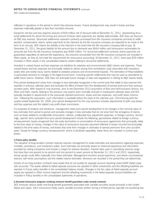 NOTES TO CONSOLIDATED FINANCIAL STATEMENTS                          (continued)

ACE Limited and Subsidiaries




reflected in operations in the period in which they become known. Future developments may result in losses and loss
expenses materially greater or less than recorded amounts.
Except for net loss and loss expense reserves of $59 million net of discount held at December 31, 2011, representing struc-
tured settlements for which the timing and amount of future claim payments are reliably determinable, ACE does not discount
its PC loss reserves. Structured settlements represent contracts purchased from life insurance companies primarily to settle
workers’ compensation claims, where payments to the claimant by the life insurance company are expected to be made in the
form of an annuity. ACE retains the liability to the claimant in the event that the life insurance company fails to pay. At
December 31, 2011, the gross liability for the amount due to claimants was $644 million and reinsurance recoverables for
amounts due from the life insurance companies was $585 million. For structured settlement contracts where payments are
guaranteed regardless of claimant life expectancy, the amounts recoverable from the life insurance companies are included in
Other assets, as they do not meet the requirements for reinsurance accounting. At December 31, 2011, there was $59 million
included in Other assets in the consolidated balance sheets relating to structured settlements.
Included in unpaid losses and loss expenses are liabilities for asbestos and environmental (AE) claims and expenses. These
unpaid losses and loss expenses are principally related to claims arising from remediation costs associated with hazardous
waste sites and bodily-injury claims related to asbestos products and environmental hazards. The estimation of these liabilities
is particularly sensitive to changes in the legal environment, including specific settlements that may be used as precedents to
settle future claims. However, ACE does not anticipate future changes in laws and regulations in setting its AE reserve levels.
Prior period development arises from changes to loss estimates recognized in the current year that relate to loss reserves first
reported in previous calendar years and excludes the effect of losses from the development of earned premiums from previous
accident years. With respect to crop business, prior to the December 2010 acquisition of Rain and Hail Insurance Service, Inc.
(Rain and Hail), reports relating to the previous crop year(s) were normally received in subsequent calendar years and this
typically resulted in adjustments to the previously reported premiums, losses and loss expenses, and profit share commis-
sion. Following the acquisition, such information is available before the close of the calendar year. Commencing with the
quarter ended September 30, 2009, prior period development for the crop business includes adjustments to both crop losses
and loss expenses and the related crop profit share commission.
For purposes of analysis and disclosure, management views prior period development to be changes in the nominal value of
loss estimates from period to period and excludes changes in loss estimates that do not arise from the emergence of claims,
such as those related to uncollectible reinsurance, interest, unallocated loss adjustment expenses, or foreign currency. Accord-
ingly, specific items excluded from prior period development include the following: gains/losses related to foreign currency
remeasurement; losses recognized from the early termination or commutation of reinsurance agreements that principally relate
to the time value of money; changes in the value of reinsurance business assumed reflected in losses incurred but principally
related to the time value of money; and losses that arise from changes in estimates of earned premiums from prior accident
years. Except for foreign currency remeasurement, which is disclosed separately, these items are included in current year
losses.

i) Future policy benefits
The valuation of long duration contract reserves requires management to make estimates and assumptions regarding expenses,
mortality, persistency, and investment yields. Such estimates are primarily based on historical experience and information
provided by ceding companies and include a margin for adverse deviation. Interest rates used in calculating reserves range
from less than one percent to six percent and one percent to seven percent at December 31, 2011 and 2010, respectively.
Actual results could differ materially from these estimates. Management monitors actual experience, and where circumstances
warrant, will revise assumptions and the related reserve estimates. Revisions are recorded in the period they are determined.
Certain of our long duration contracts have assets that do not qualify for separate account reporting under GAAP (failed sepa-
rate accounts). The assets related to failed separate accounts are reported in Other investments and the offsetting liabilities are
reported in Future policy benefits in the consolidated balance sheets. Changes in the fair value of failed separate account
assets are reported in Other income (expense) and the offsetting movements in the failed separate account liabilities are
included in Policy benefits in the consolidated statements of operations.

j) Assumed reinsurance programs involving minimum benefit guarantees under annuity contracts
ACE reinsures various death and living benefit guarantees associated with variable annuities issued primarily in the United
States and Japan. Each reinsurance treaty covers variable annuities written during a limited period, typically not exceeding two


                                                                                                                               F-15
 
