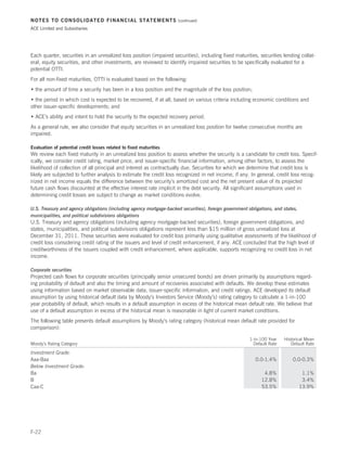 NOTES TO CONSOLIDATED FINANCIAL STATEMENTS                            (continued)

ACE Limited and Subsidiaries




Each quarter, securities in an unrealized loss position (impaired securities), including fixed maturities, securities lending collat-
eral, equity securities, and other investments, are reviewed to identify impaired securities to be specifically evaluated for a
potential OTTI.
For all non-fixed maturities, OTTI is evaluated based on the following:
• the amount of time a security has been in a loss position and the magnitude of the loss position;
• the period in which cost is expected to be recovered, if at all, based on various criteria including economic conditions and
other issuer-specific developments; and
• ACE’s ability and intent to hold the security to the expected recovery period.
As a general rule, we also consider that equity securities in an unrealized loss position for twelve consecutive months are
impaired.

Evaluation of potential credit losses related to fixed maturities
We review each fixed maturity in an unrealized loss position to assess whether the security is a candidate for credit loss. Specif-
ically, we consider credit rating, market price, and issuer-specific financial information, among other factors, to assess the
likelihood of collection of all principal and interest as contractually due. Securities for which we determine that credit loss is
likely are subjected to further analysis to estimate the credit loss recognized in net income, if any. In general, credit loss recog-
nized in net income equals the difference between the security’s amortized cost and the net present value of its projected
future cash flows discounted at the effective interest rate implicit in the debt security. All significant assumptions used in
determining credit losses are subject to change as market conditions evolve.

U.S. Treasury and agency obligations (including agency mortgage-backed securities), foreign government obligations, and states,
municipalities, and political subdivisions obligations
U.S. Treasury and agency obligations (including agency mortgage-backed securities), foreign government obligations, and
states, municipalities, and political subdivisions obligations represent less than $15 million of gross unrealized loss at
December 31, 2011. These securities were evaluated for credit loss primarily using qualitative assessments of the likelihood of
credit loss considering credit rating of the issuers and level of credit enhancement, if any. ACE concluded that the high level of
creditworthiness of the issuers coupled with credit enhancement, where applicable, supports recognizing no credit loss in net
income.

Corporate securities
Projected cash flows for corporate securities (principally senior unsecured bonds) are driven primarily by assumptions regard-
ing probability of default and also the timing and amount of recoveries associated with defaults. We develop these estimates
using information based on market observable data, issuer-specific information, and credit ratings. ACE developed its default
assumption by using historical default data by Moody’s Investors Service (Moody’s) rating category to calculate a 1-in-100
year probability of default, which results in a default assumption in excess of the historical mean default rate. We believe that
use of a default assumption in excess of the historical mean is reasonable in light of current market conditions.
The following table presents default assumptions by Moody’s rating category (historical mean default rate provided for
comparison):

                                                                                                        1-in-100 Year    Historical Mean
Moody’s Rating Category                                                                                   Default Rate      Default Rate

Investment Grade:
Aaa-Baa                                                                                                    0.0-1.4%          0.0-0.3%
Below Investment Grade:
Ba                                                                                                             4.8%                1.1%
B                                                                                                             12.8%                3.4%
Caa-C                                                                                                         53.5%               13.9%




F-22
 