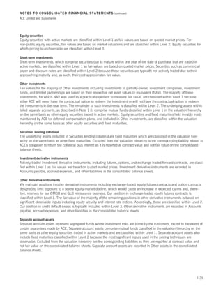 NOTES TO CONSOLIDATED FINANCIAL STATEMENTS                          (continued)

ACE Limited and Subsidiaries




Equity securities
Equity securities with active markets are classified within Level 1 as fair values are based on quoted market prices. For
non-public equity securities, fair values are based on market valuations and are classified within Level 2. Equity securities for
which pricing is unobservable are classified within Level 3.

Short-term investments
Short-term investments, which comprise securities due to mature within one year of the date of purchase that are traded in
active markets, are classified within Level 1 as fair values are based on quoted market prices. Securities such as commercial
paper and discount notes are classified within Level 2 because these securities are typically not actively traded due to their
approaching maturity and, as such, their cost approximates fair value.

Other investments
Fair values for the majority of Other investments including investments in partially-owned investment companies, investment
funds, and limited partnerships are based on their respective net asset values or equivalent (NAV). The majority of these
investments, for which NAV was used as a practical expedient to measure fair value, are classified within Level 3 because
either ACE will never have the contractual option to redeem the investment or will not have the contractual option to redeem
the investments in the near term. The remainder of such investments is classified within Level 2. The underlying assets within
failed separate accounts, as described in Note 1 i), comprise mutual funds classified within Level 1 in the valuation hierarchy
on the same basis as other equity securities traded in active markets. Equity securities and fixed maturities held in rabbi trusts
maintained by ACE for deferred compensation plans, and included in Other investments, are classified within the valuation
hierarchy on the same basis as other equity securities and fixed maturities.

Securities lending collateral
The underlying assets included in Securities lending collateral are fixed maturities which are classified in the valuation hier-
archy on the same basis as other fixed maturities. Excluded from the valuation hierarchy is the corresponding liability related to
ACE’s obligation to return the collateral plus interest as it is reported at contract value and not fair value on the consolidated
balance sheets.

Investment derivative instruments
Actively traded investment derivative instruments, including futures, options, and exchange-traded forward contracts, are classi-
fied within Level 1 as fair values are based on quoted market prices. Investment derivative instruments are recorded in
Accounts payable, accrued expenses, and other liabilities in the consolidated balance sheets.

Other derivative instruments
We maintain positions in other derivative instruments including exchange-traded equity futures contracts and option contracts
designed to limit exposure to a severe equity market decline, which would cause an increase in expected claims and, there-
fore, reserves for our GMDB and GLB reinsurance business. Our position in exchange-traded equity futures contracts is
classified within Level 1. The fair value of the majority of the remaining positions in other derivative instruments is based on
significant observable inputs including equity security and interest rate indices. Accordingly, these are classified within Level 2.
Our position in credit default swaps is typically included within Level 3. Other derivative instruments are recorded in Accounts
payable, accrued expenses, and other liabilities in the consolidated balance sheets.

Separate account assets
Separate account assets represent segregated funds where investment risks are borne by the customers, except to the extent of
certain guarantees made by ACE. Separate account assets comprise mutual funds classified in the valuation hierarchy on the
same basis as other equity securities traded in active markets and are classified within Level 1. Separate account assets also
include fixed maturities classified within Level 2 because the most significant inputs used in the pricing techniques are
observable. Excluded from the valuation hierarchy are the corresponding liabilities as they are reported at contract value and
not fair value on the consolidated balance sheets. Separate account assets are recorded in Other assets in the consolidated
balance sheets.




                                                                                                                               F-29
 