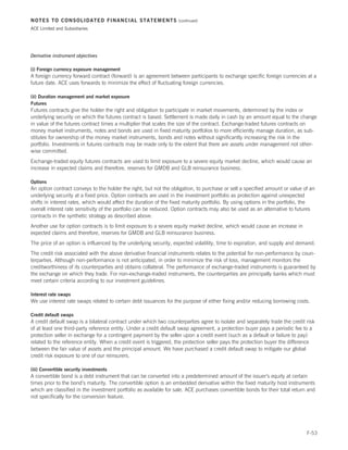 NOTES TO CONSOLIDATED FINANCIAL STATEMENTS                         (continued)

ACE Limited and Subsidiaries




Derivative instrument objectives

(i) Foreign currency exposure management
A foreign currency forward contract (forward) is an agreement between participants to exchange specific foreign currencies at a
future date. ACE uses forwards to minimize the effect of fluctuating foreign currencies.

(ii) Duration management and market exposure
Futures
Futures contracts give the holder the right and obligation to participate in market movements, determined by the index or
underlying security on which the futures contract is based. Settlement is made daily in cash by an amount equal to the change
in value of the futures contract times a multiplier that scales the size of the contract. Exchange-traded futures contracts on
money market instruments, notes and bonds are used in fixed maturity portfolios to more efficiently manage duration, as sub-
stitutes for ownership of the money market instruments, bonds and notes without significantly increasing the risk in the
portfolio. Investments in futures contracts may be made only to the extent that there are assets under management not other-
wise committed.
Exchange-traded equity futures contracts are used to limit exposure to a severe equity market decline, which would cause an
increase in expected claims and therefore, reserves for GMDB and GLB reinsurance business.

Options
An option contract conveys to the holder the right, but not the obligation, to purchase or sell a specified amount or value of an
underlying security at a fixed price. Option contracts are used in the investment portfolio as protection against unexpected
shifts in interest rates, which would affect the duration of the fixed maturity portfolio. By using options in the portfolio, the
overall interest rate sensitivity of the portfolio can be reduced. Option contracts may also be used as an alternative to futures
contracts in the synthetic strategy as described above.
Another use for option contracts is to limit exposure to a severe equity market decline, which would cause an increase in
expected claims and therefore, reserves for GMDB and GLB reinsurance business.
The price of an option is influenced by the underlying security, expected volatility, time to expiration, and supply and demand.
The credit risk associated with the above derivative financial instruments relates to the potential for non-performance by coun-
terparties. Although non-performance is not anticipated, in order to minimize the risk of loss, management monitors the
creditworthiness of its counterparties and obtains collateral. The performance of exchange-traded instruments is guaranteed by
the exchange on which they trade. For non-exchange-traded instruments, the counterparties are principally banks which must
meet certain criteria according to our investment guidelines.

Interest rate swaps
We use interest rate swaps related to certain debt issuances for the purpose of either fixing and/or reducing borrowing costs.

Credit default swaps
A credit default swap is a bilateral contract under which two counterparties agree to isolate and separately trade the credit risk
of at least one third-party reference entity. Under a credit default swap agreement, a protection buyer pays a periodic fee to a
protection seller in exchange for a contingent payment by the seller upon a credit event (such as a default or failure to pay)
related to the reference entity. When a credit event is triggered, the protection seller pays the protection buyer the difference
between the fair value of assets and the principal amount. We have purchased a credit default swap to mitigate our global
credit risk exposure to one of our reinsurers.

(iii) Convertible security investments
A convertible bond is a debt instrument that can be converted into a predetermined amount of the issuer’s equity at certain
times prior to the bond’s maturity. The convertible option is an embedded derivative within the fixed maturity host instruments
which are classified in the investment portfolio as available for sale. ACE purchases convertible bonds for their total return and
not specifically for the conversion feature.




                                                                                                                              F-53
 