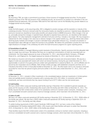 NOTES TO CONSOLIDATED FINANCIAL STATEMENTS                          (continued)

ACE Limited and Subsidiaries




(iv) TBA
By acquiring a TBA, we make a commitment to purchase a future issuance of mortgage-backed securities. For the period
between purchase of the TBA and issuance of the underlying security, we account for our position as a derivative in the con-
solidated financial statements. ACE purchases TBAs both for their total return and for the flexibility they provide related to our
mortgage-backed security strategy.

(v) GLB
Under the GLB program, as the assuming entity, ACE is obligated to provide coverage until the expiration or maturity of the
underlying annuities. Premiums received under the reinsurance treaties are classified as premium. Expected losses allocated to
premiums received are classified as future policy benefits and valued similar to GMDB reinsurance. Other changes in fair val-
ue, principally arising from changes in expected losses allocated to expected future premiums, are classified as Net realized
gains (losses). Fair value represents management’s estimate of exit price and thus, includes a risk margin. We may recognize a
realized loss for other changes in fair value due to adverse changes in the capital markets (e.g., declining interest rates and/or
declining equity markets) and changes in actual or estimated future policyholder behavior (e.g., increased annuitization or
decreased lapse rates) although we expect the business to be profitable. We believe this presentation provides the most mean-
ingful disclosure of changes in the underlying risk within the GLB reinsurance programs for a given reporting period.

b) Concentrations of credit risk
Our investment portfolio is managed following prudent standards of diversification. Specific provisions limit the allowable hold-
ings of a single issue and issuer. We believe that there are no significant concentrations of credit risk associated with our
investments. Our three largest exposures by issuer at December 31, 2011, were General Electric Company, JP Morgan
Chase  Co., and Citigroup Inc. Our largest exposure by industry at December 31, 2011, was financial services.
We market our insurance and reinsurance worldwide primarily through insurance and reinsurance brokers. We assume a
degree of credit risk associated with brokers with whom we transact business. During the year ended December 31, 2011,
approximately 12 percent of our gross premiums written were generated from or placed by Marsh, Inc. and its affiliates and 10
percent by Aon Corporation and its affiliates. Both of these entities are large, well established companies and there are no
indications that either of them is financially troubled at December 31, 2011. No other broker and no one insured or reinsured
accounted for more than ten percent of gross premiums written in the three years ended December 31, 2011, 2010, and
2009.

c) Other investments
At December 31, 2011, included in Other investments in the consolidated balance sheet are investments in limited partner-
ships and partially-owned investment companies with a carrying value of $1,435 million. In connection with these
investments, we have commitments that may require funding of up to $777 million over the next several years.

d) Credit facilities
We have a $500 million unsecured revolving credit facility expiring in November 2012 available for general corporate pur-
poses and the issuance of LOCs. Outstanding LOCs issued under this facility were $55 million at December 31, 2011. This
facility requires that ACE Limited and/or certain of its subsidiaries continue to maintain certain covenants, including a mini-
mum consolidated net worth covenant and a maximum leverage covenant, which have been met at December 31, 2011.

e) Letters of credit
We have a $1 billion unsecured operational LOC facility expiring in November 2012. At December 31, 2011, $948 million of
this facility was utilized. We also have a $500 million unsecured operational LOC facility expiring in September 2014. At
December 31, 2011, this facility was fully utilized.
To satisfy funding requirements of ACE’s Lloyd’s Syndicate 2488 through 2012, we have a series of four bilateral
uncollateralized LOC facilities totaling $400 million. LOCs issued under these facilities will expire no earlier than December
2015. At December 31, 2011, $392 million of this facility was utilized.
These facilities require that ACE Limited and/or certain of its subsidiaries continue to maintain certain covenants, including a
minimum consolidated net worth covenant and a maximum leverage covenant, which have been met at December 31, 2011.




F-54
 