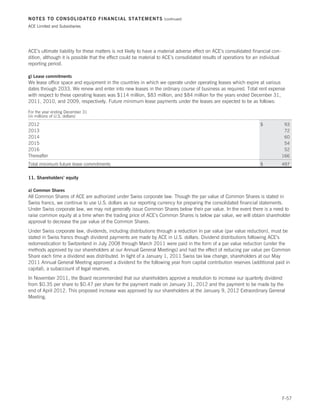 NOTES TO CONSOLIDATED FINANCIAL STATEMENTS                          (continued)

ACE Limited and Subsidiaries




ACE’s ultimate liability for these matters is not likely to have a material adverse effect on ACE’s consolidated financial con-
dition, although it is possible that the effect could be material to ACE’s consolidated results of operations for an individual
reporting period.

g) Lease commitments
We lease office space and equipment in the countries in which we operate under operating leases which expire at various
dates through 2033. We renew and enter into new leases in the ordinary course of business as required. Total rent expense
with respect to these operating leases was $114 million, $83 million, and $84 million for the years ended December 31,
2011, 2010, and 2009, respectively. Future minimum lease payments under the leases are expected to be as follows:

For the year ending December 31
(in millions of U.S. dollars)

2012                                                                                                                $              93
2013                                                                                                                               72
2014                                                                                                                               60
2015                                                                                                                               54
2016                                                                                                                               52
Thereafter                                                                                                                        166
Total minimum future lease commitments                                                                              $             497


11. Shareholders’ equity

a) Common Shares
All Common Shares of ACE are authorized under Swiss corporate law. Though the par value of Common Shares is stated in
Swiss francs, we continue to use U.S. dollars as our reporting currency for preparing the consolidated financial statements.
Under Swiss corporate law, we may not generally issue Common Shares below their par value. In the event there is a need to
raise common equity at a time when the trading price of ACE’s Common Shares is below par value, we will obtain shareholder
approval to decrease the par value of the Common Shares.
Under Swiss corporate law, dividends, including distributions through a reduction in par value (par value reduction), must be
stated in Swiss francs though dividend payments are made by ACE in U.S. dollars. Dividend distributions following ACE’s
redomestication to Switzerland in July 2008 through March 2011 were paid in the form of a par value reduction (under the
methods approved by our shareholders at our Annual General Meetings) and had the effect of reducing par value per Common
Share each time a dividend was distributed. In light of a January 1, 2011 Swiss tax law change, shareholders at our May
2011 Annual General Meeting approved a dividend for the following year from capital contribution reserves (additional paid in
capital), a subaccount of legal reserves.
In November 2011, the Board recommended that our shareholders approve a resolution to increase our quarterly dividend
from $0.35 per share to $0.47 per share for the payment made on January 31, 2012 and the payment to be made by the
end of April 2012. This proposed increase was approved by our shareholders at the January 9, 2012 Extraordinary General
Meeting.




                                                                                                                                  F-57
 