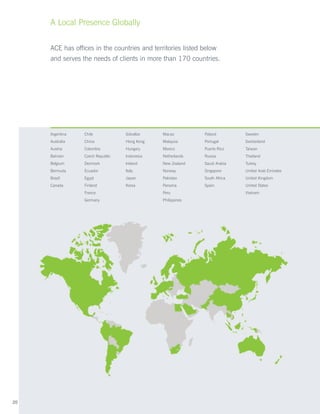 A Local Presence Globally


     ACE has offices in the countries and territories listed below
     and serves the needs of clients in more than 170 countries.




     Argentina	Chile	               Gibraltar	   Macao	         Poland	         Sweden
     Australia	   China	            Hong Kong	   Malaysia	      Portugal	       Switzerland
     Austria	     Colombia	         Hungary	     Mexico	        Puerto Rico	    Taiwan
     Bahrain	     Czech Republic	   Indonesia	   Netherlands	   Russia	         Thailand
     Belgium	     Denmark	          Ireland	     New Zealand	   Saudi Arabia	   Turkey
     Bermuda	     Ecuador	          Italy	       Norway	        Singapore	      United Arab Emirates
     Brazil	      Egypt	            Japan	       Pakistan	      South Africa	   United Kingdom
     Canada	      Finland	          Korea	       Panama 	       Spain	          United States
     	            France 		                      Peru		                         Vietnam
     	            Germany		                      Philippines




20
 