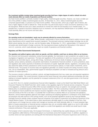 Our investment portfolio includes below investment-grade securities that have a higher degree of credit or default risk which
could adversely affect our results of operations and financial condition.
Our fixed income portfolio is primarily invested in high quality, investment-grade securities. However, we invest a smaller por-
tion of the portfolio in below investment-grade securities. At December 31, 2011, below investment-grade securities
comprised approximately 12 percent of our fixed income portfolio. These securities, which pay a higher rate of interest, also
have a higher degree of credit or default risk. These securities may also be less liquid in times of economic weakness or mar-
ket disruptions. While we have put in place procedures to monitor the credit risk and liquidity of our invested assets, it is
possible that, in periods of economic weakness (such as recession), we may experience default losses in our portfolio, which
could adversely affect our net income and book value.

Exchange Rates

Our operating results and shareholders’ equity may be adversely affected by currency fluctuations.
Our reporting currency is the U.S. dollar. Where possible, capital levels in local currencies are limited to satisfy minimum regu-
latory requirements and to support local insurance operations. The principal currencies creating foreign exchange risk are the
British pound sterling, the euro, the yen, and the Canadian dollar. At December 31, 2011, approximately 14.3 percent of our
net assets were denominated in foreign currencies. We may experience losses resulting from fluctuations in the values of
non-U.S. currencies, which could adversely impact our results of operations and financial condition.

Regulatory and Other Governmental Developments

The regulatory and political regimes under which we operate, and their volatility, could have an adverse effect on our business.
Our insurance and reinsurance subsidiaries conduct business globally. Our businesses in each jurisdiction are subject to vary-
ing degrees of regulation and supervision. The laws and regulations of the jurisdictions in which our insurance and reinsurance
subsidiaries are domiciled require, among other things, maintenance of minimum levels of statutory capital, surplus, and
liquidity; various solvency standards; and periodic examinations of subsidiaries’ financial condition. In some jurisdictions, laws
and regulations also restrict payments of dividends and reductions of capital. Applicable statutes, regulations, and policies may
also restrict the ability of these subsidiaries to write insurance and reinsurance policies, to make certain investments, and to
distribute funds. The purpose of insurance laws and regulations generally is to protect insureds and ceding insurance compa-
nies, not our shareholders. Also, governmental support of individual competitors can lead to increased pricing pressure and a
distortion of market dynamics.
The insurance industry is affected by political, judicial, and legal developments that may create new and expanded regulations
and theories of liability. The current economic climate and the recent financial crisis present additional uncertainties and risks
relating to increased regulation and the potential for increased involvement of the U.S. and other governments in the financial
services industry.
In July 2010, the U.S. enacted comprehensive financial reform legislation, known as the Dodd-Frank Wall Street Reform and
Consumer Protection Act (Dodd-Frank Act), which creates a new regulatory regime for financial services companies. Pursuant
to the legislation, a Federal Insurance Office (FIO) has been established to focus on systemic risk oversight and to develop
federal policy on prudential aspects of international insurance matters. The FIO is conducting a study for submission to the
U.S. Congress on how to modernize and improve insurance regulation in the U.S. While the impact to ACE of the establish-
ment and activity of the FIO is not clear, it is possible that it could have an adverse effect on our business and operations.
Moreover, various federal regulatory agencies have begun proposing and adopting regulations in furtherance of the Dodd-Frank
Act provisions and will continue in the coming months, such as the proposed regulations issued by the Financial Stability
Oversight Council to identify certain nonbank financial companies to be subject to supervision by the Board of Governors of the
Federal Reserve System. To the extent these or other requirements ultimately apply to us when adopted in final form, they
could require us to change how we conduct and manage our business and could adversely affect us. A recent proposed regu-
lation to impose assessments on financial services companies does not, as currently drafted, apply to us, but it is still unclear
how and to what extent these requirements might apply to us under final regulations and whether we would have to make
material contributions if they were applicable.
The European Union’s executive body, the European Commission, is implementing new capital adequacy and risk manage-
ment regulations called Solvency II that would apply to our businesses across the European Union. In addition, regulators in
countries where we have operations are working with the International Association of Insurance Supervisors (and in the U.S.,



26
 