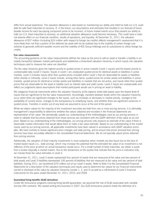 differ from actual experience. The valuation allowance is also based on maintaining our ability and intent to hold our U.S. avail-
able for sale fixed maturities to recovery. If, in the future, our assumptions and estimates that resulted in our forecast of future
taxable income for each tax-paying component prove to be incorrect, or future market events occur that prevent our ability to
hold our U.S. fixed maturities to recovery, an additional valuation allowance could become necessary. This could have a mate-
rial adverse effect on our financial condition, results of operations, and liquidity. At December 31, 2011, the valuation
allowance of $57 million (including $24 million with respect to foreign tax credits) reflects management’s assessment that it is
more likely than not that a portion of the deferred tax asset will not be realized due to the inability of certain foreign sub-
sidiaries to generate sufficient taxable income and the inability of ACE Group Holdings and its subsidiaries to utilize foreign tax
credits.

Fair value measurements
The accounting guidance on fair value measurements defines fair value as the price to sell an asset or transfer a liability in an
orderly transaction between market participants and establishes a three-level valuation hierarchy in which inputs into valuation
techniques used to measure fair value are classified.
The fair value hierarchy gives the highest priority to quoted prices in active markets (Level 1 inputs) and the lowest priority to
unobservable data (Level 3 inputs). Inputs in Level 1 are unadjusted quoted prices for identical assets or liabilities in active
markets. Level 2 includes inputs other than quoted prices included within Level 1 that are observable for assets or liabilities
either directly or indirectly. Level 2 inputs include, among other items, quoted prices for similar assets and liabilities in active
markets, quoted prices for identical or similar assets and liabilities in markets that are not active, and inputs other than quoted
prices that are observable for the asset or liability such as interest rates and yield curves. Level 3 inputs are unobservable and
reflect our judgments about assumptions that market participants would use in pricing an asset or liability.
We categorize financial instruments within the valuation hierarchy at the balance sheet date based upon the lowest level of
inputs that are significant to the fair value measurement. Accordingly, transfers between levels within the valuation hierarchy
occur when there are significant changes to the inputs, such as increases or decreases in market activity, changes to the
availability of current prices, changes to the transparency to underlying inputs, and whether there are significant variances in
quoted prices. Transfers in and/or out of any level are assumed to occur at the end of the period.
While we obtain values for the majority of the investment securities we hold from one or more pricing services, it is ultimately
management’s responsibility to determine whether the values obtained and recorded in the financial statements are
representative of fair value. We periodically update our understanding of the methodologies used by our pricing services in
order to validate that the prices obtained from those services are consistent with the GAAP definition of fair value as an exit
price. Based on our understanding of the methodologies, our pricing services only produce an estimate of fair value if there is
observable market information that would allow them to make a fair value estimate. Based on our understanding of the market
inputs used by our pricing services, all applicable investments have been valued in accordance with GAAP valuation princi-
ples. We have controls to review significant price changes and stale pricing, and to ensure that prices received from pricing
services have been accurately reflected in the consolidated financial statements. We do not typically adjust prices obtained
from pricing services.
Additionally, the valuation of fixed maturity investments is more subjective when markets are less liquid due to the lack of
market based inputs (i.e., stale pricing), which may increase the potential that the estimated fair value of an investment is not
reflective of the price at which an actual transaction would occur. For a small number of fixed maturities, we obtain a quote
from a broker (typically a market maker). Due to the disclaimers on the quotes that indicate that the price is indicative only,
we include these fair value estimates in Level 3.
At December 31, 2011, Level 3 assets represented four percent of assets that are measured at fair value and two percent of
total assets and Level 3 liabilities represented 100 percent of liabilities that are measured at fair value and two percent of total
liabilities. During 2011, we transferred $70 million out of our Level 3 assets. Refer to Note 4 to the Consolidated Financial
Statements for a description of the valuation techniques and inputs used to determine fair values for our financial instruments
carried or disclosed at fair value by valuation hierarchy (Levels 1, 2, and 3) as well as a roll-forward of Level 3 financial
instruments for the years ended December 31, 2011, 2010, and 2009.

Guaranteed living benefits (GLB) derivatives
Under life reinsurance programs covering living benefit guarantees, we assumed the risk of GLBs associated with variable
annuity (VA) contracts. We ceased writing this business in 2007. Our GLB reinsurance product meets the definition of a


                                                                                                                                  55
 