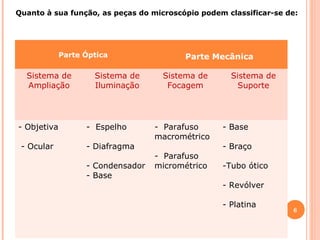 Quanto à sua função, as peças do microscópio podem classificar-se de:

Parte Óptica

Sistema de
Ampliação

- Objetiva
- Ocular

Sistema de
Iluminação

- Espelho
- Diafragma
- Condensador
- Base

Parte Mecânica
Sistema de
Focagem

- Parafuso
macrométrico
- Parafuso
micrométrico

Sistema de
Suporte

- Base
- Braço
-Tubo ótico
- Revólver
- Platina

6

 