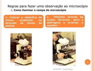 1. Colocar a objectiva de 
menor ampliação na 
direcção da janela da 
platina 
2. Olhando através da 
ocular, devemos abrir o 
diafragma e orientar o 
espelho 
Regras para fazer uma observação ao microscópio 
1. Como iluminar o campo do microscópio 
03-02-2013 
9 
Carlos Palma 
 