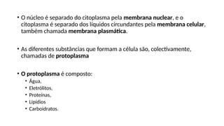 • O núcleo é separado do citoplasma pela membrana nuclear, e o
citoplasma é separado dos líquidos circundantes pela membrana celular,
também chamada membrana plasmática.
• As diferentes substâncias que formam a célula são, colectivamente,
chamadas de protoplasma
• O protoplasma é composto:
• Água,
• Eletrólitos,
• Proteínas,
• Lipídios
• Carboidratos.
 