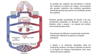 As paredes dos capilares são permeáveis à maioria
das moléculas no plasma do sangue, com excepção
das grandes moléculas das proteínas plasmáticas
demasiado grandes para passar com facilidade através
dos capilares.
Portanto, grandes quantidades de líquido e de seus
constituintes dissolvidos se difundem em ambas as
direções, entre o sangue e os espaços dos tecidos,
como mostrado pelas setas.
Esse processo de difusão é causado pelo movimento
cinético das moléculas no plasma e no líquido
intersticial.
o líquido e as moléculas dissolvidas estão em
movimento contínuo, em todas as direções no plasma
e no líquido nos espaços intercelulares, bem como
através dos poros capilares.
 