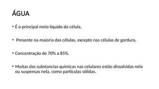 ÁGUA
• É o principal meio líquido da célula,
• Presente na maioria das células, excepto nas células de gordura,
• Concentração de 70% a 85%.
• Muitas das substancias químicas nas celulares estão dissolvidas nela
ou suspensas nela, como partículas sólidas.
 