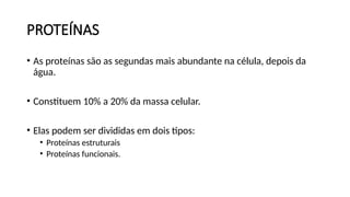 PROTEÍNAS
• As proteínas são as segundas mais abundante na célula, depois da
água.
• Constituem 10% a 20% da massa celular.
• Elas podem ser divididas em dois tipos:
• Proteínas estruturais
• Proteínas funcionais.
 