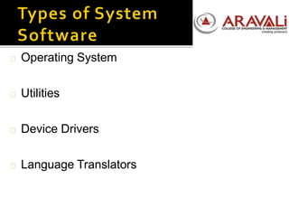 Operating System
Utilities
Device Drivers
Language Translators
 