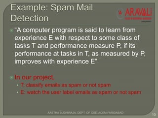  “A computer program is said to learn from
experience E with respect to some class of
tasks T and performance measure P, if its
performance at tasks in T, as measured by P,
improves with experience E”
 In our project,
• T: classify emails as spam or not spam
• E: watch the user label emails as spam or not spam
10
AASTHA BUDHIRAJA, DEPT. OF CSE, ACEM FARIDABAD
 