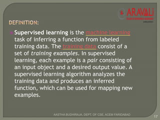  Supervised learning is the machine learning
task of inferring a function from labeled
training data. The training data consist of a
set of training examples. In supervised
learning, each example is a pair consisting of
an input object and a desired output value. A
supervised learning algorithm analyzes the
training data and produces an inferred
function, which can be used for mapping new
examples.
17
AASTHA BUDHIRAJA, DEPT. OF CSE, ACEM FARIDABAD
 