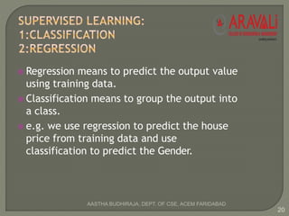  Regression means to predict the output value
using training data.
 Classification means to group the output into
a class.
 e.g. we use regression to predict the house
price from training data and use
classification to predict the Gender.
20
AASTHA BUDHIRAJA, DEPT. OF CSE, ACEM FARIDABAD
 