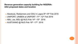 Revenue generation capacity building for NIGERIA-
AAU proposed dates and location
 Abeokuta, Redeemers and OAU in Lagos-9th-10th Feb 2016
 UNIPORT, UNIBEN at UNIPORT -11th -12th Feb 2016
 ABU, Jos, BSU @ NUC-Feb 14th -15th 2016
 AUST,KANO @ NUC-Feb 16th -17th 2016
 