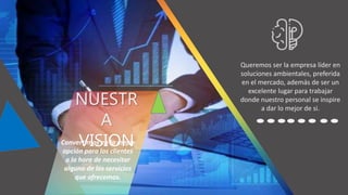 NUESTR
A
VISION
Convertirnos en la mejor
opción para los clientes
a la hora de necesitar
alguno de los servicios
que ofrecemos.
Queremos ser la empresa líder en
soluciones ambientales, preferida
en el mercado, además de ser un
excelente lugar para trabajar
donde nuestro personal se inspire
a dar lo mejor de si.
 