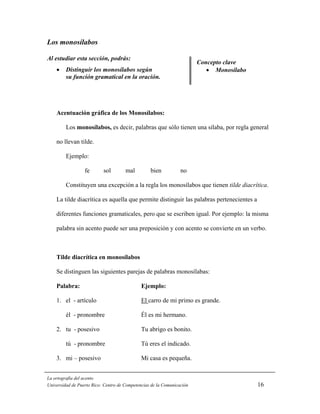Los monosílabos

Al estudiar esta sección, podrás:
                                                                        Concepto clave
    •    Distinguir los monosílabos según                                  • Monosílabo
         su función gramatical en la oración.




    Acentuación gráfica de los Monosílabos:

         Los monosílabos, es decir, palabras que sólo tienen una sílaba, por regla general

    no llevan tilde.

         Ejemplo:

                  fe       sol        mal         bien           no

         Constituyen una excepción a la regla los monosílabos que tienen tilde diacrítica.

    La tilde diacrítica es aquella que permite distinguir las palabras pertenecientes a

    diferentes funciones gramaticales, pero que se escriben igual. Por ejemplo: la misma

    palabra sin acento puede ser una preposición y con acento se convierte en un verbo.



    Tilde diacrítica en monosílabos

    Se distinguen las siguientes parejas de palabras monosílabas:

    Palabra:                                  Ejemplo:

    1. el - artículo                          El carro de mi primo es grande.

         él - pronombre                       Él es mi hermano.

    2. tu - posesivo                          Tu abrigo es bonito.

         tú - pronombre                       Tú eres el indicado.

    3. mi – posesivo                          Mi casa es pequeña.


La ortografía del acento
Universidad de Puerto Rico: Centro de Competencias de la Comunicación                     16
 