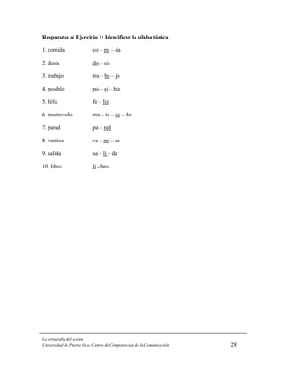 Respuestas al Ejercicio 1: Identificar la sílaba tónica

1. comida                  co – mi – da

2. dosis                   do – sis

3. trabajo                 tra – ba – jo

4. posible                 po – si – ble

5. feliz                   fe – liz

6. mantecado               ma – te – ca – do

7. pared                   pa – red

8. camisa                  ca – mi – sa

9. salida                  sa – li – da

10. libro                  li - bro




La ortografía del acento
Universidad de Puerto Rico: Centro de Competencias de la Comunicación   28
 