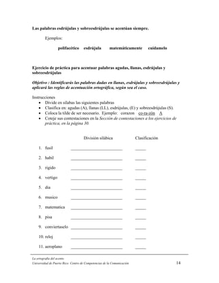 Las palabras esdrújulas y sobreesdrújulas se acentúan siempre.

         Ejemplos:

                  polifacético      esdrújula          matemáticamente          cuídamelo



Ejercicio de práctica para acentuar palabras agudas, llanas, esdrújulas y
sobreesdrújulas

Objetivo : Identificarás las palabras dadas en llanas, esdrújulas y sobreesdrújulas y
aplicará las reglas de acentuación ortográfica, según sea el caso.

Instrucciones
    • Divide en sílabas las siguientes palabras
    • Clasifica en: agudas (A), llanas (LL), esdrújulas, (E) y sobreesdrújulas (S).
    • Coloca la tilde de ser necesario. Ejemplo: corazon co-ra-zón A
    • Coteje sus contestaciones en la Sección de contestaciones a los ejercicios de
       práctica, en la página 30.


                                    División silábica                   Clasificación

    1. fusil               ________________________                     _____

    2. habil               ________________________                     _____

    3. rigido              ________________________                     _____

    4. vertigo             ________________________                     _____

    5. dia                 ________________________                     _____

    6. musico              ________________________                     _____

    7. matematica          ________________________                     _____

    8. pisa                ________________________                     _____

    9. conviertaselo ________________________                           _____

    10. reloj              ________________________                     _____

    11. aeroplano          ________________________                     _____

La ortografía del acento
Universidad de Puerto Rico: Centro de Competencias de la Comunicación                       14
 
