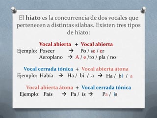 El hiato es la concurrencia de dos vocales que
pertenecen a distintas sílabas. Existen tres tipos
                    de hiato:
         Vocal abierta + Vocal abierta
Ejemplo: Poseer       Po / se / er
         Aeroplano  A / e /ro / pla / no

   Vocal cerrada tónica + Vocal abierta átona
Ejemplo: Había  Ha / bí / a  Ha / bí / a

    Vocal abierta átona + Vocal cerrada tónica
 Ejemplo: País      Pa / ís     Pa / ís
 