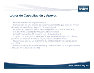 Logros de Capacitación y Apoyos

 • Modelo Residencial implementado.
 • Generación de una escala de vida independiente que mide los niveles
 de autonomía de la persona con discapacidad.
 • Modelo de capacitación laboral con producción real al mercado.
 • Creación del Modelo de Inclusión Laboral exitoso.
 • Inclusión Laboral de 15 personas con discapacidad.
 •Un grupo de autogestores con participación en iniciativas de políticas
 públicas en relación a Ley del Seguro Social y de Educación.
 • Implementación de un programa de alfabetización en coordinación
 con INEA.
 • Participación en 3 foros nacionales y 1 internacional de autogestores de
 Andares en tema de derechos.
 